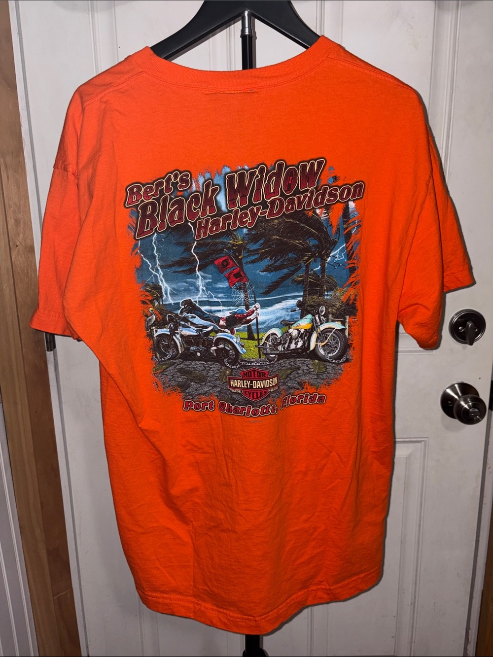 Harley Davidson Orange Short Sleeve Back Graphic Black Widow Lightning Storm